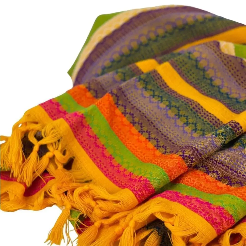Ethnic Throw Boho Blanket Fringe Tassel Edge Multi Stripe Knit Accent Throw